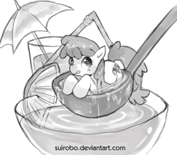 Size: 1182x1033 | Tagged: safe, artist:suikuzu, berry punch, berryshine, earth pony, pony, female, glass, mare, monochrome, punch (drink), punch bowl, solo, tiny ponies