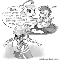 Size: 1500x1500 | Tagged: dead source, safe, artist:suikuzu, nurse redheart, picture frame (character), picture perfect, scootaloo, earth pony, pegasus, pony, bandage, bandaid, clothes, dialogue, female, filly, first aid, glare, glasses, grumpaloo, grumpy, injured, mare, monochrome, trio