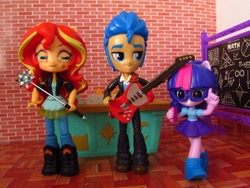 Size: 1400x1050 | Tagged: safe, flash sentry, sci-twi, sunset shimmer, twilight sparkle, better together, equestria girls, book, boots, chalkboard, classroom, clothes, desk, doll, equestria girls minis, glasses, guitar, jacket, maze, shoes, skirt, toy, tuxedo, ultra minis