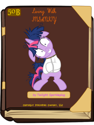 Size: 600x800 | Tagged: safe, derpibooru import, twilight sparkle, book, book cover meme, exploitable meme, insanity, meme, messy mane, solo, straitjacket, twilight snapple