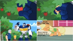 Size: 1266x708 | Tagged: safe, applejack, earth pony, pony, apple, chase (transformers), chief burns, cody burns, facehoof, meme, police car, transformers, transformers rescue bots, you had one job