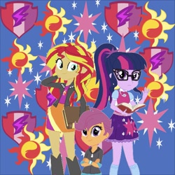 Size: 1535x1536 | Tagged: safe, artist:selenaede, editor:php77, sci-twi, scootaloo, sunset shimmer, twilight sparkle, equestria girls