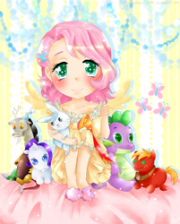 Size: 2975x3708 | Tagged: safe, artist:monicherrie, angel bunny, big macintosh, discord, fluttershy, rarity, spike, human, humanized, younger