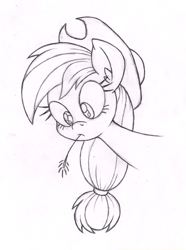 Size: 447x600 | Tagged: safe, artist:dfectivedvice, applejack, earth pony, pony, grayscale, looking down, monochrome, solo, straw, traditional art