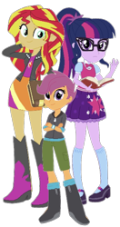 Size: 762x1441 | Tagged: safe, artist:selenaede, editor:php77, sci-twi, scootaloo, sunset shimmer, twilight sparkle, equestria girls, book, simple background, transparent background