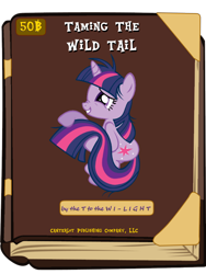 Size: 600x800 | Tagged: safe, derpibooru import, twilight sparkle, book, book cover meme, exploitable meme, grin, grooming, long tail, meme, nose wrinkle, smiling, solo, squee, twilight snapple, twilightlicious