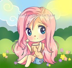 Size: 700x655 | Tagged: safe, artist:tokibuni, fluttershy, bird, human, blushing, chibi, humanized, solo