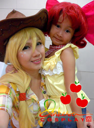 Size: 450x611 | Tagged: safe, artist:dukesawolf, apple bloom, applejack, human, child, cosplay, irl, irl human, photo