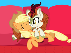 Size: 4800x3600 | Tagged: safe, artist:little jackie papercut, derpibooru import, applejack, autumn blaze, earth pony, kirin, pony, sounds of silence, autumnjack, belly rubbing, female, kiss on the cheek, kissing, lesbian, preggo jack, pregnant, shipping, sofa