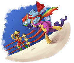 Size: 1436x1210 | Tagged: safe, artist:saturdaymorningproj, derpibooru import, applejack, diamante elegante, rainbow dash, rarity, earth pony, pegasus, pony, unicorn, bipedal, german suplex, suplex, this will end in pain, wrestling