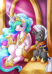 Size: 2000x2827 | Tagged: safe, artist:vavacung, princess celestia, oc, oc:scope, alicorn, cat, pony, unicorn, armor, commission, guard, kitten, looking at you, royal guard, sitting, throne