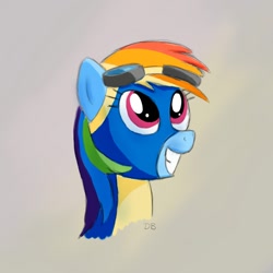 Size: 1400x1400 | Tagged: safe, artist:werdkcub, derpibooru import, rainbow dash, pegasus, pony, newbie dash, atg 2018, bust, clothes, goggles, happy, newbie artist training grounds, portrait, smiling, solo, uniform, wonderbolts uniform