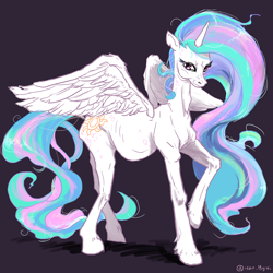 Size: 1300x1300 | Tagged: safe, artist:han_hyui, princess celestia, alicorn, pony, female, horn, mare, missing accessory, multicolored mane, multicolored tail, solo, white coat, white wings, wings