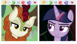 Size: 734x420 | Tagged: safe, edit, edited screencap, screencap, autumn blaze, mean twilight sparkle, alicorn, kirin, pony, sounds of silence, the mean 6, :3, clone, derpibooru, evil twilight, juxtaposition, looking at each other, meta, shipping fuel, silly