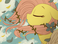 Size: 1024x768 | Tagged: safe, artist:umeguru, fluttershy, pegasus, pony, cloud, eyes closed, female, flower, leaf, mare, sky, solo, windswept mane