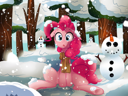 Size: 2666x2000 | Tagged: safe, artist:umeguru, artist:vocalmaker, pinkie pie, earth pony, pony, clothes, female, happy new year, mare, merry christmas, open mouth, scarf, sitting, snow, snowfall, snowman, solo, winter