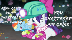 Size: 1280x720 | Tagged: safe, derpibooru import, edit, edited screencap, screencap, rainbow dash, rarity, pegasus, pony, unicorn, the end in friend, boots, duo, female, gem cave, glitter boots, helmet, mare, mining helmet, neckerchief, shattered, shoes, text