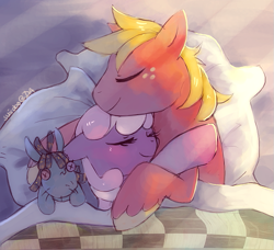 Size: 681x620 | Tagged: safe, artist:suikuzu, big macintosh, cheerilee, smarty pants, earth pony, pony, bed, blushing, cheerimac, crepuscular rays, cuddling, eyes closed, female, male, mare, pillow, shipping, sleeping, snuggling, stallion, straight