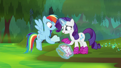 Size: 1280x720 | Tagged: safe, derpibooru import, screencap, rainbow dash, rarity, pegasus, pony, unicorn, the end in friend, boots, cloud, cloud baby, duo, female, glitter boots, magic, mare, neckerchief, raised hoof, shoes, swamp, telekinesis