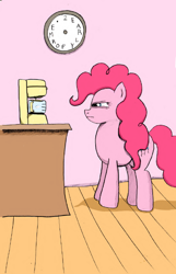 Size: 522x810 | Tagged: safe, artist:varemia, pinkie pie, earth pony, pony, clock, coffee, solo