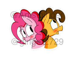 Size: 1024x768 | Tagged: safe, artist:artistginger, cheese sandwich, pinkie pie, earth pony, pony, back to back, blushing, bust, cheesepie, crush, female, looking away, male, shipping, simple background, straight, transparent background