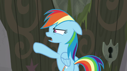 Size: 1280x720 | Tagged: safe, derpibooru import, screencap, rainbow dash, pegasus, pony, the end in friend, door, female, keyhole, mare, open mouth, plot, solo