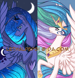 Size: 815x849 | Tagged: safe, artist:lethalpepsi, princess celestia, princess luna, alicorn, pony, crown, female, horn, jewelry, mare, regalia, siblings, sisters, watermark