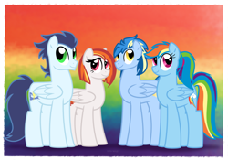 Size: 1000x700 | Tagged: safe, artist:faith-wolff, derpibooru import, rainbow dash, soarin', oc, oc:evening glow, oc:lightning bolt, pegasus, pony, alternate hairstyle, backwards cutie mark, faithverse, family, family photo, female, male, next generation, offspring, parent:rainbow dash, parent:soarin', parents:soarindash, ponytail, rainbow background, shipping, smiling, soarindash, straight