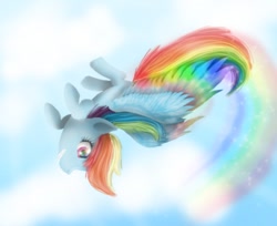 Size: 988x808 | Tagged: safe, artist:chanceyb, derpibooru import, rainbow dash, pegasus, pony, cloud, cloudy, contrail, flying, happy, rainbows, sky, smiling, solo, spread wings, upside down, wheeeee