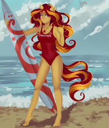 Size: 2900x3400 | Tagged: safe, artist:xjenn9, sunset shimmer, equestria girls, baywatch, clothes, cyrillic, female, lifeguard, one-piece swimsuit, ponied up, russian, smiling, solo, surfboard, swimsuit, thumbs up, whistle