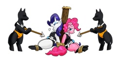 Size: 898x445 | Tagged: safe, artist:kushina13, pinkie pie, rarity, earth pony, pony, unicorn, bipedal, bondage, bondage furniture, bondage post, female, mare, ninja captor, peril, pixiv, rope, threatening