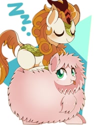Size: 768x1024 | Tagged: safe, artist:erufi, autumn blaze, oc, oc:fluffle puff, kirin, pony, sounds of silence, spoiler:s08, :p, :t, abstract background, awwtumn blaze, behaving like a cat, blushing, colored pupils, cute, duo, eyes closed, female, fluffy, frown, if i fits i sits, looking up, mare, prone, silly, sleeping, tongue out, zzz