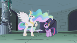 Size: 1280x720 | Tagged: safe, screencap, princess celestia, twilight sparkle, unicorn twilight, alicorn, pony, unicorn, friendship is magic, animation error, big crown thingy, castle of the royal pony sisters, crown, duo, ethereal mane, female, hoof shoes, jewelry, mare, peytral, raised hoof, regalia