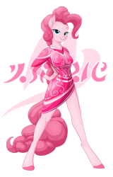 Size: 850x1327 | Tagged: safe, artist:drake, pinkie pie, anthro, earth pony, unguligrade anthro, clothes, dress, female, hand on hip, looking at you, mare, simple background, solo, transparent background