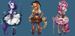 Size: 1280x615 | Tagged: safe, artist:my-magic-dream, applejack, pinkie pie, rarity, earth pony, pony, unicorn, boots, crossover, gun, hat, magical girl, pistol, puella magi madoka magica, rifle, soul gem