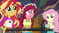 Size: 1366x768 | Tagged: safe, screencap, fluttershy, gloriosa daisy, sunset shimmer, butterfly, equestria girls, legend of everfree, annoyed, camp everfree outfits, cookie dough, eye twitch, faic, floral head wreath, flower, jewelry, magical geodes, necklace