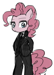 Size: 507x705 | Tagged: safe, artist:momo, pinkie pie, earth pony, pony, bipedal, clothes, simple background, solo, suit