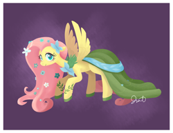 Size: 1280x989 | Tagged: safe, artist:twitchykismet, fluttershy, pegasus, pony, clothes, dress, gala dress, solo