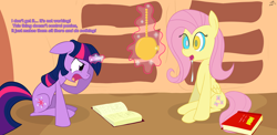 Size: 4900x2387 | Tagged: safe, artist:chir-miru, derpibooru import, fluttershy, twilight sparkle, pegasus, pony, angry, book, drool, egghead, floppy ears, golden oaks library, humor, hypnosis, library, magic, oblivious, oblivious twilight is oblivious, pocket watch, sitting, telekinesis