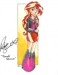 Size: 1699x2200 | Tagged: safe, artist:tonyfleecs, sunset shimmer, equestria girls, abstract background, autograph, clothes, colored sketch, female, rebecca shoichet, solo