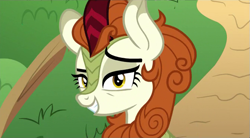 Size: 671x370 | Tagged: safe, screencap, autumn blaze, kirin, sounds of silence, a kirin tale, cropped, female, grin, raised eyebrow, smiling, solo