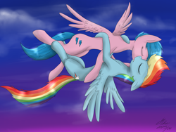 Size: 2000x1500 | Tagged: safe, artist:cheecatkatfury, derpibooru import, firefly, rainbow dash, pegasus, pony, comic:dash academy, g1, cloud, cloudy, dashfly, eyes closed, female, flying, kissing, lesbian, shipping, sky