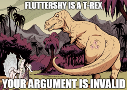 Size: 490x347 | Tagged: safe, idw, fluttershy, princess celestia, star swirl the bearded, alicorn, dinosaur, pegasus, pony, tyrannosaurus rex, spoiler:comic, spoiler:comic17, exploitable meme, fluttersaurus rex, meme, your argument is invalid