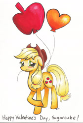 Size: 2013x3003 | Tagged: safe, artist:catscratchpaper, applejack, earth pony, pony, balloon, crossed hooves, mouth hold, simple background, solo, traditional art, valentine