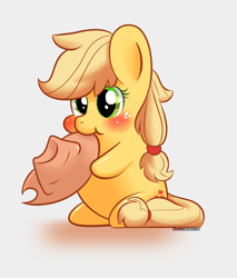 Size: 2160x2536 | Tagged: safe, artist:mister-yaoi, applejack, earth pony, pony, blushing, chibi, cowboy hat, hat, hoof hold, nom, puffy cheeks, sitting, smiling, solo, stetson, style emulation