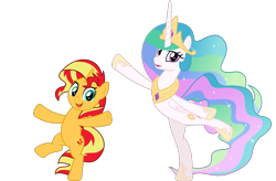 Size: 1557x1024 | Tagged: safe, artist:jhayarr23, edit, princess celestia, sunset shimmer, alicorn, pony, unicorn, equestria girls, horse play, mirror magic, spoiler:eqg specials, bipedal, cute, cutelestia, dancing, duo, female, looking at you, mare, shimmerbetes, sillestia, silly, silly pony, simple background, smiling, transparent background, vector