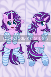 Size: 2000x3000 | Tagged: safe, alternate version, artist:sol-r, starlight glimmer, pony, unicorn, belly button, body pillow, chest fluff, clothes, dock, featureless crotch, female, floppy ears, heart eyes, looking at you, looking back, mare, obtrusive watermark, open mouth, plot, smiling, socks, solo, striped socks, watermark, wingding eyes