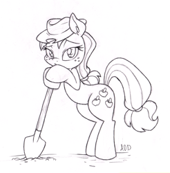 Size: 1475x1500 | Tagged: safe, artist:dfectivedvice, applejack, earth pony, pony, bipedal leaning, grayscale, looking at you, monochrome, resting, shovel, sketch, solo, traditional art, working