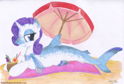 Size: 1400x958 | Tagged: safe, artist:foxxy-arts, rarity, original species, shark, shark pony, beach, clothes, cute little fangs, rarishark, scarf, sharkified, solo, species swap