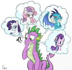 Size: 665x653 | Tagged: safe, artist:cogweaver, princess ember, rarity, spike, starlight glimmer, sweetie belle, dragon, pony, unicorn, :t, bedroom eyes, colored, confused, cropped, cute, cutie mark, dragoness, emberbetes, emberspike, exploitable meme, eyes closed, female, floppy ears, frown, funny, funny as hell, gritted teeth, male, meme, older, older spike, open mouth, question mark, scrunchy face, shipping, signature, simple background, smiling, sparity, sparlight, spikabetes, spike gets all the mares, spikebelle, straight, the cmc's cutie marks, thinking, thought bubble, tsundember, tsundere, white background, with great power comes great shipping, worried